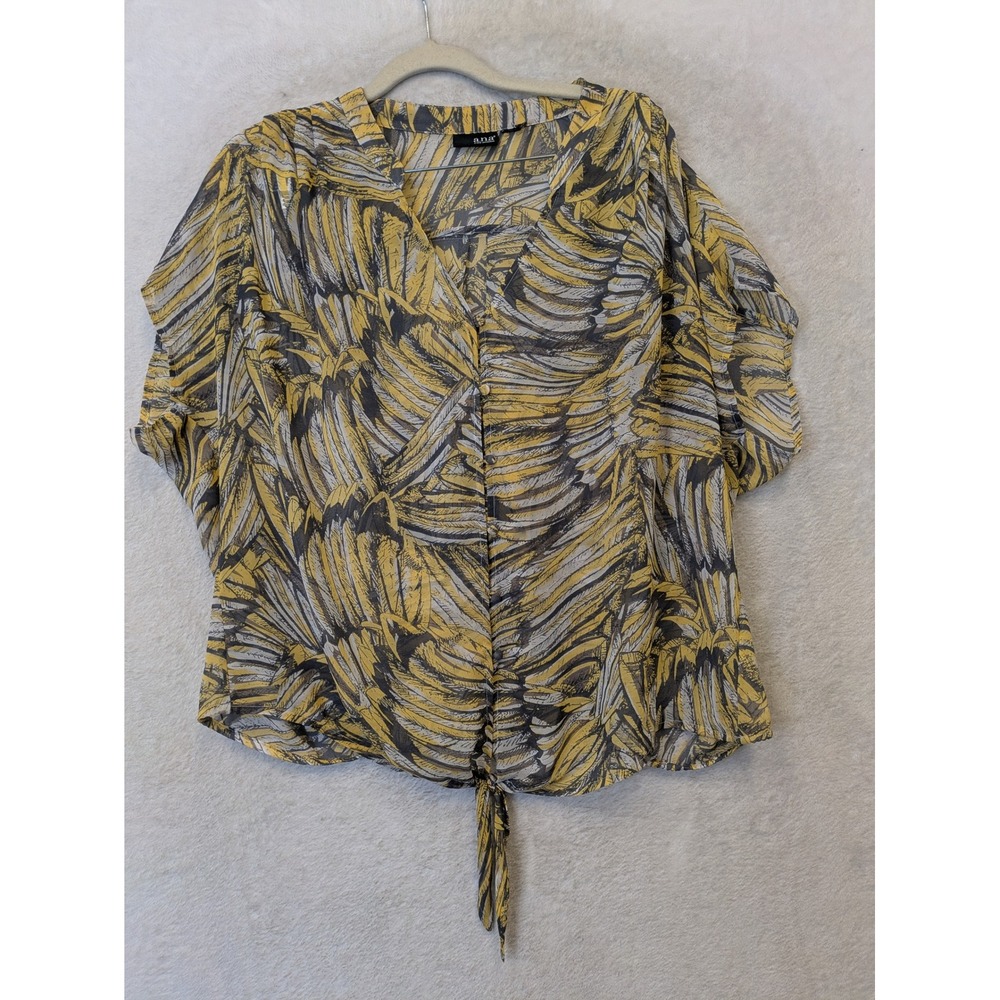 a.n.a Blouse Women's XXL Yellow Gray Abstract Feather Print Front Tie V-Neck